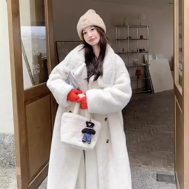 

Korean Elegant Faux Mink Fur Long Coats Winter Warm Thicken Cotton Padded Lined Jackets High Quality Women Loose Fur Parkas