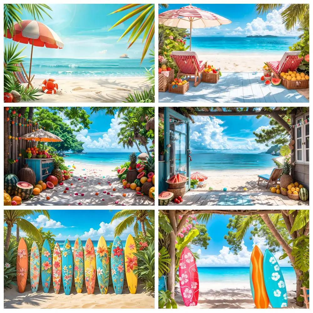 

Summer Seaside Party Backdrops For Photography Tent Fruits Beach Palm Trees Holiday Camping Party Background Decor Photo Studio