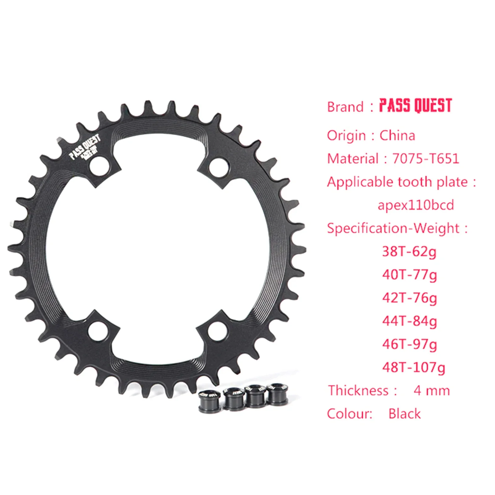 Pass Quest 110bcd 4 Bolt Chainring Narrow Wide for SRAM  APEX Crankset Crown 36T 38T 40T 42T 44T 46T 48T Bicycle Sprocket