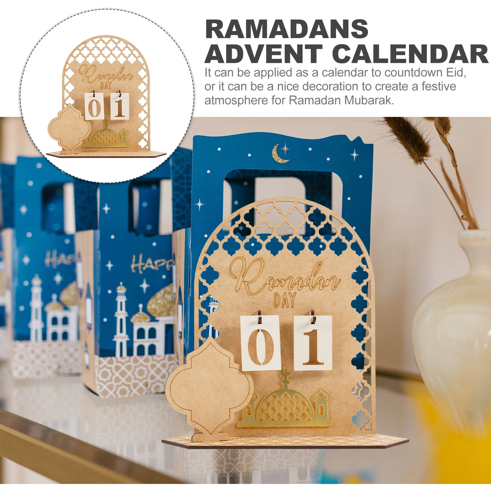 

Wooden Countdown Calendar for Ramadan Mubarak Eid Advent Calendar Decorative Desktop nament Festival Gift Home Office Decor