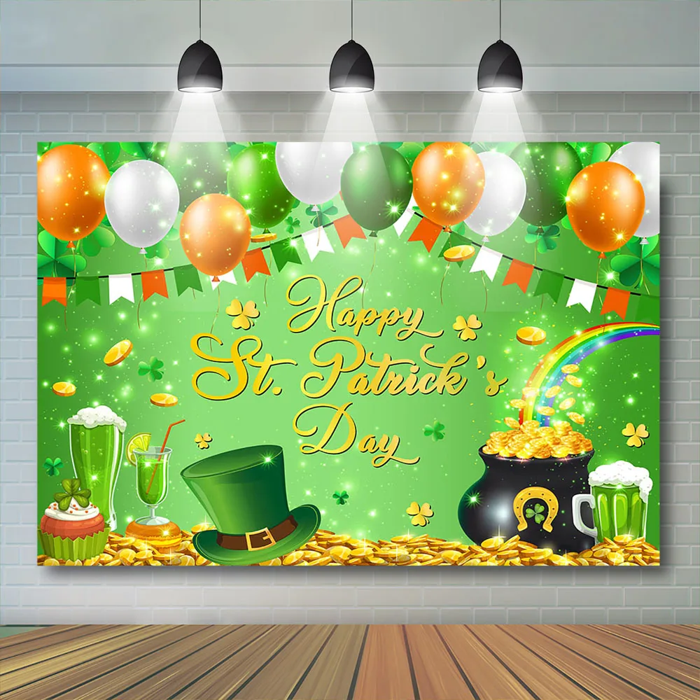 Mocsicka St Patrick's Day Backdrop Party Banner Gold Shiny Balloon Green Clover Lucky Baby Birthday Decor Photocall Background