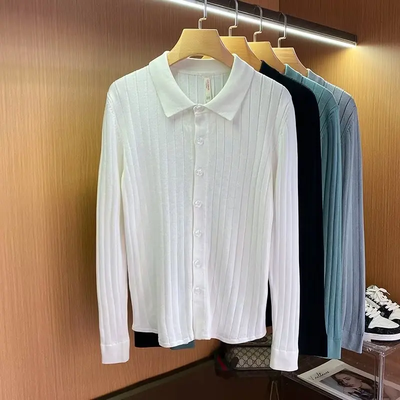 

Осенний легкий вязаный мужской свитер большого размера 250, облегающая тонкая верхняя одежда, повседневный полосатый узор