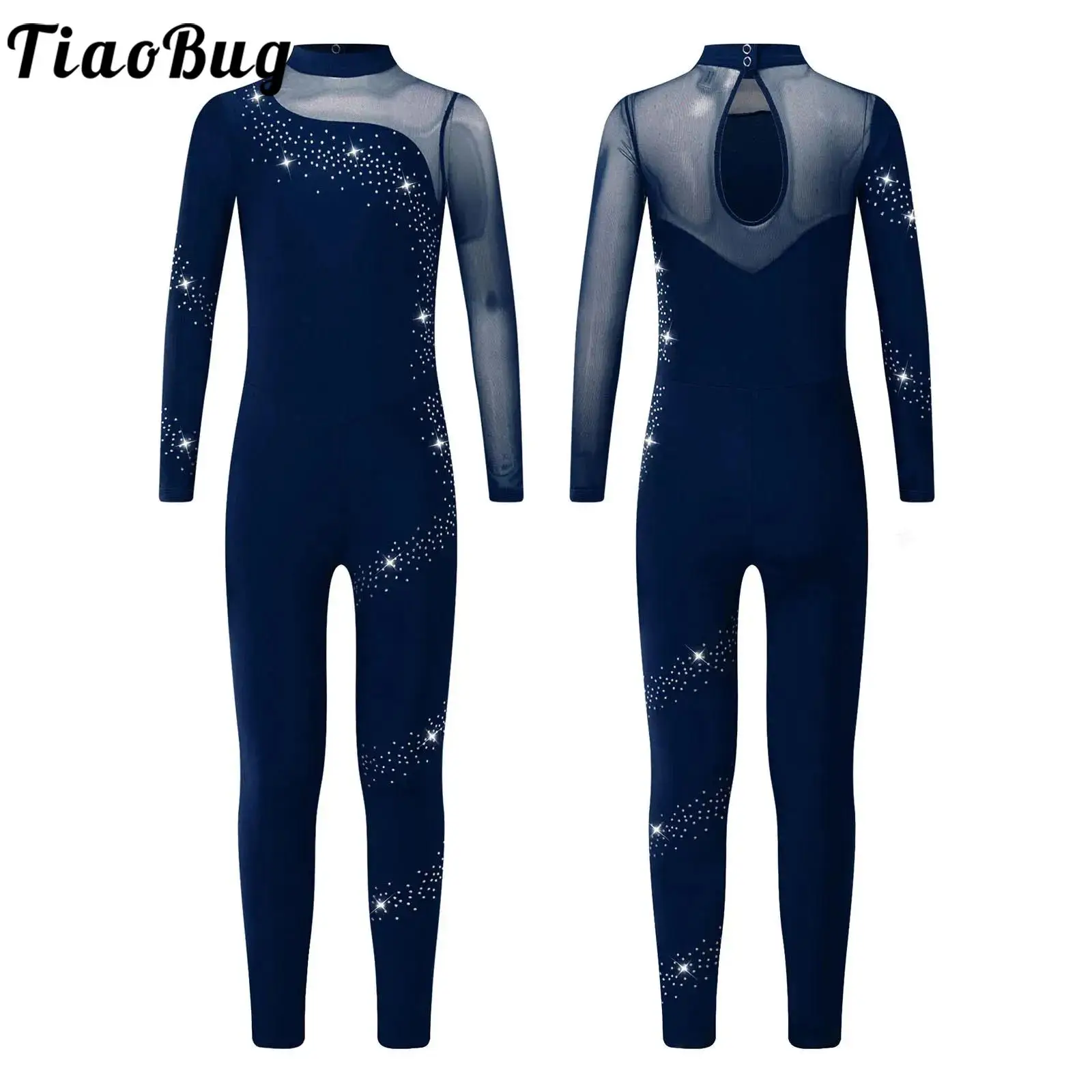 Kids Girl Long Sleeve Rhinestone Ballet Dance Leotard Sheer Mesh Gymnastics Jumpsuit Full Body Suit Figure Ice Skating Dancewear