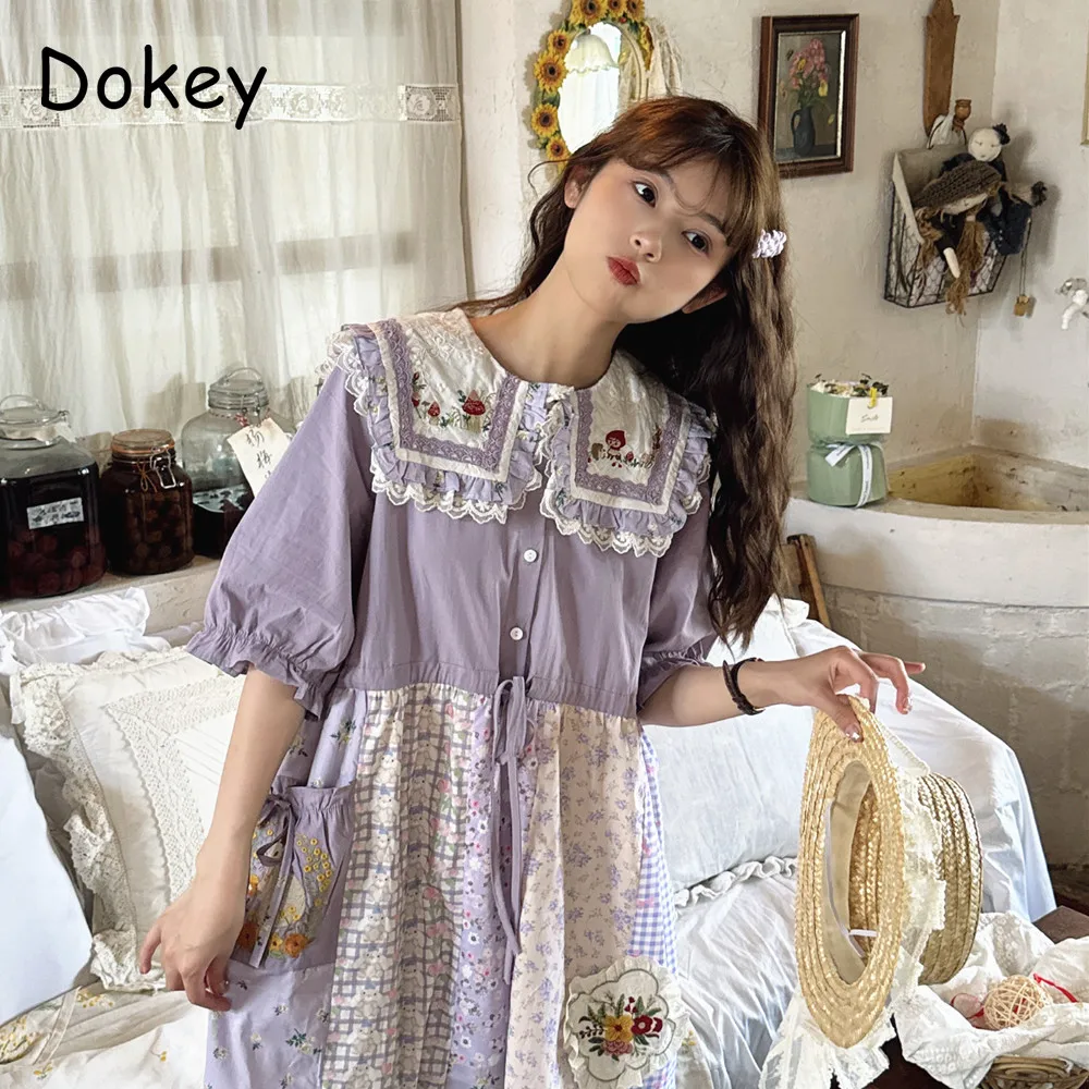 Vintage Flower Lace Patchwork Lolita Dress Women Summer Japan Mori Girl Embroidery Doll Collar Loose Kawaii Midi Cotton Vestidos