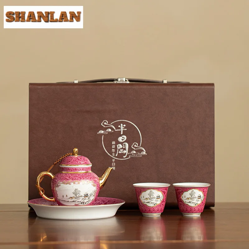 

Jingdezhen Colour Enamels Teapot Creative Landscape Tea Set Kit Antique Tea Ceremony Set Teapot And Cup Cafes Gift Decoration