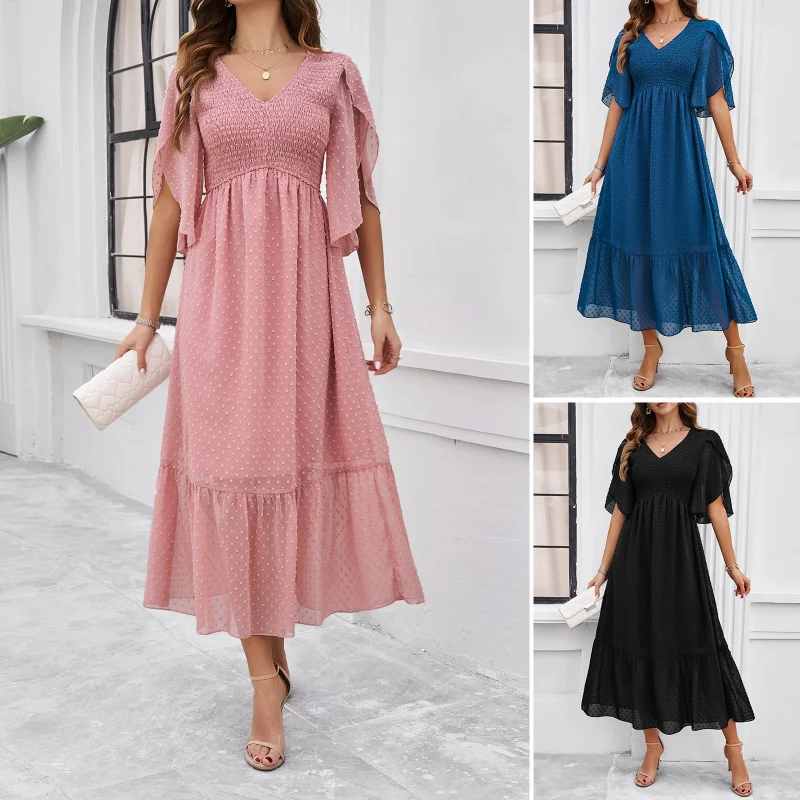 

Elegant Women'S Temperament, Solid Color V-Neck Dress