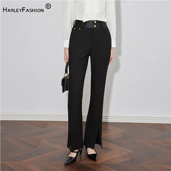 

Fashion Designed Patchwork Waist Women Two Buttons Trousers Office Lady Casual Flare Pants