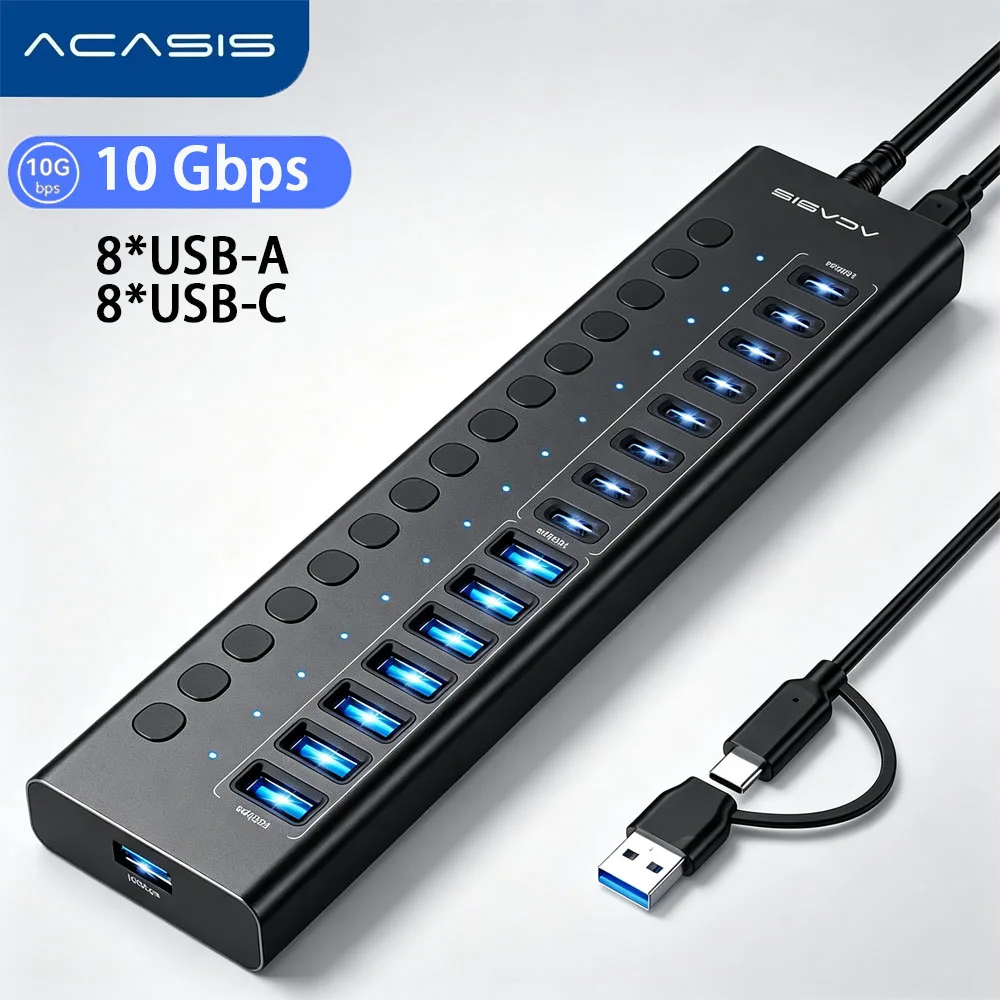 ACASIS 16 Ports Powered USB Hub 10Gbps 8*USB-A 8*USB-C Individual On/Off Switch for Each Port Aluminum Housing Better Heat Dissipation Plug & Play With 96W Power Adapter