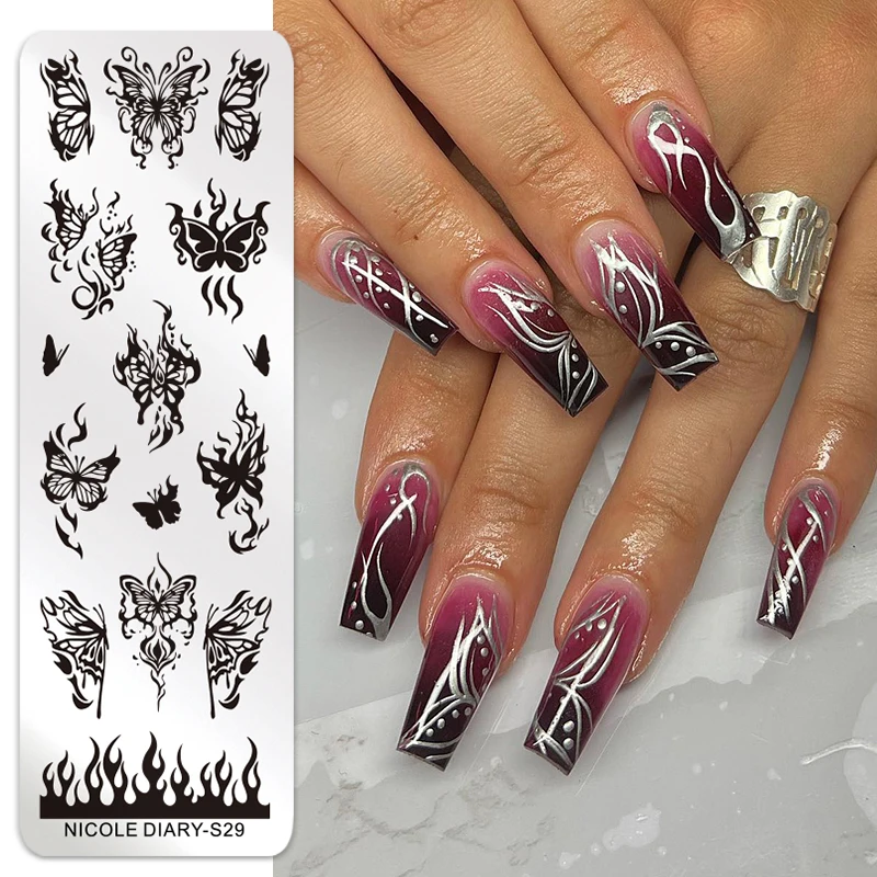 NICOLE DIARY motyl Nail Art płytka do stemplowania szablon do rysowania geometryczny wzór kwiatu lamparta szablon formy narzędzia do drukowania paznokci