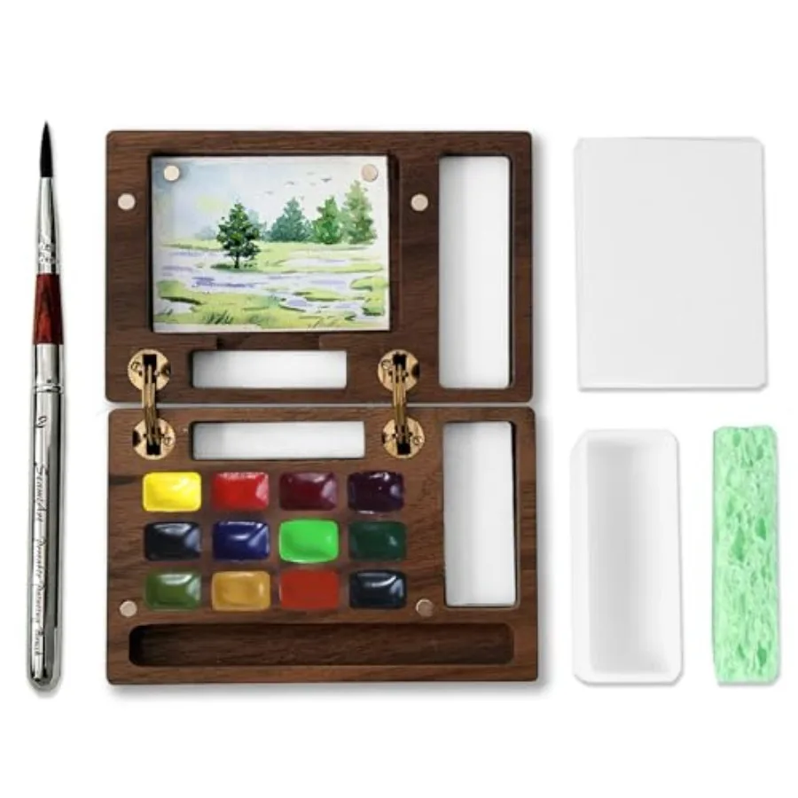 

Travel Mini Watercolor Paint Set for Adult Artists, Wooden Pocket 12 Color Watercolors Portable Painting Kit Contains Pen Paper