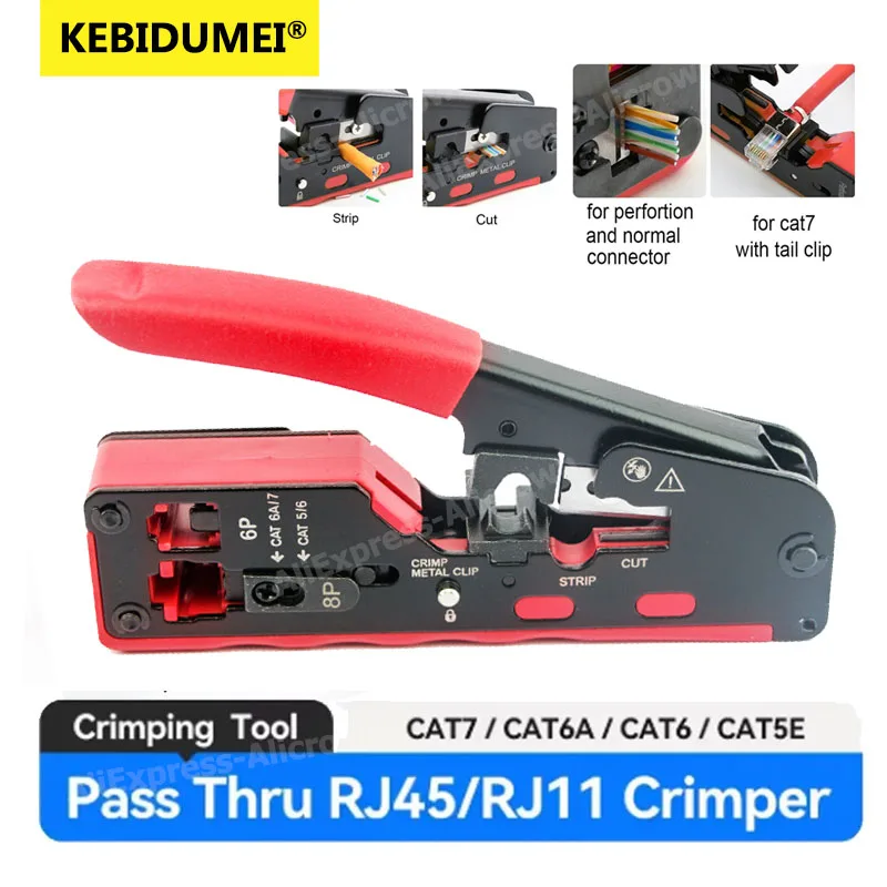 RJ45 Crimping Tool Pass CAT7 Through Ethernet for Cat6 Cat5 Cat5e Network Connector Wire Cutter Wire Stripper Ethernet Crimper