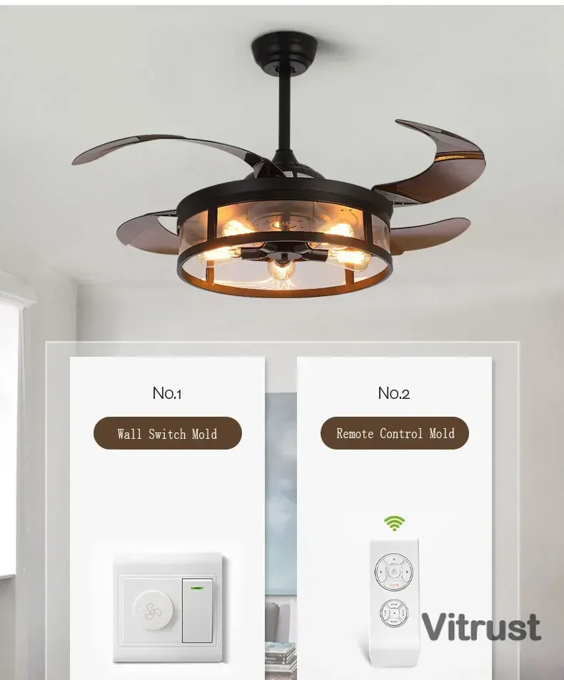 Vintage Invisiable Ceiling Fan Creative Ceiling Fan with Lamp and Remote Control for Shops Cafes Dining Room