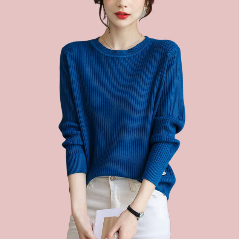 Trend Versatile Solid Color Generous Capable Simple Leisure Comfortable Round Neck Loose Women's Knitted Sweater Autumn 2024