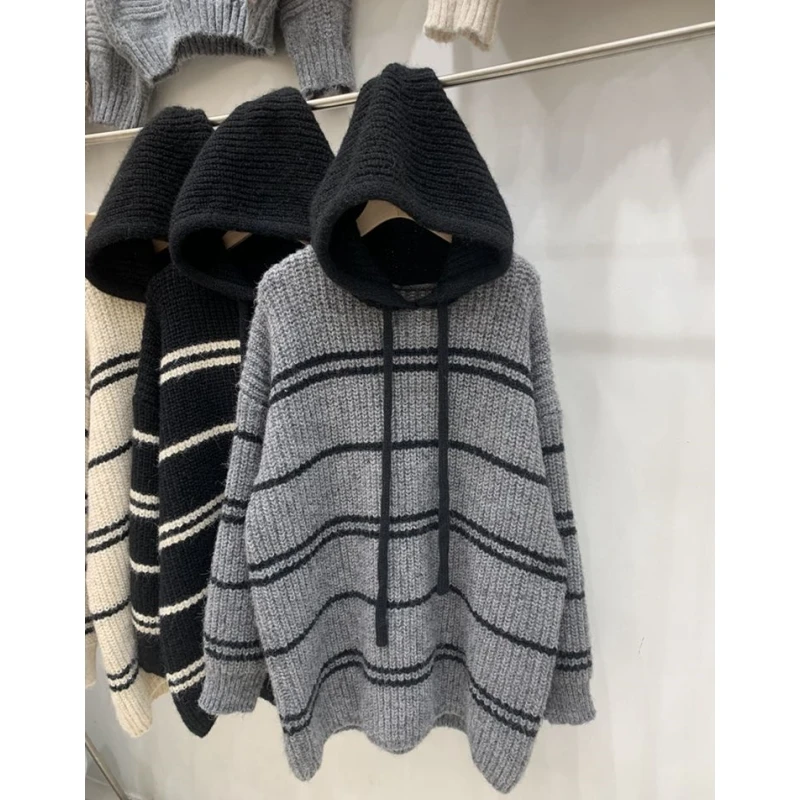 

Extra Large 300 Pou Thiened Mid-Length Striped Hoodie Men's Knitted Sweater Autumn Winter Korean Sle Versatile Casual ...