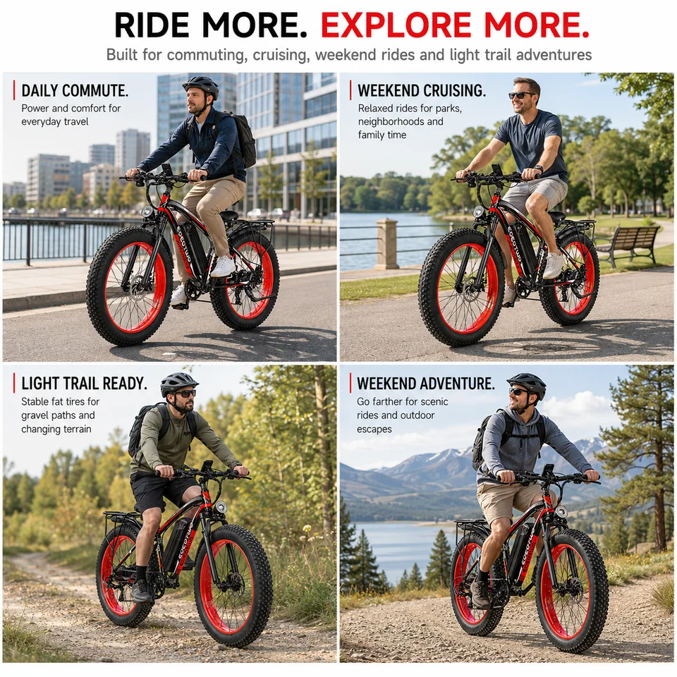 EOEOTWO Electric Bike for Adults, 26 Inch Fat Tire E-Bike, 1500W Peak, 48V 15Ah Removable Battery, 34MPH All Terrain Ebike image 11