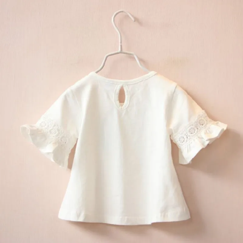 Summer Infant T-Shirts Lace Toddler Tee Children Outfits Solid Color Kids Tops Clothes Cotton Baby Shirts Clothing for Girl 1-8Y