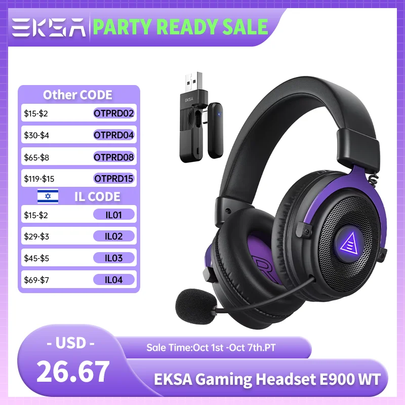 EKSA E900 WT Wireless Gaming Headset 2.4GHz Bluetooth 5.3 30ms Low Latency 50mm Headphones 80H Detachable Mic RGB for PC PS4 PS5