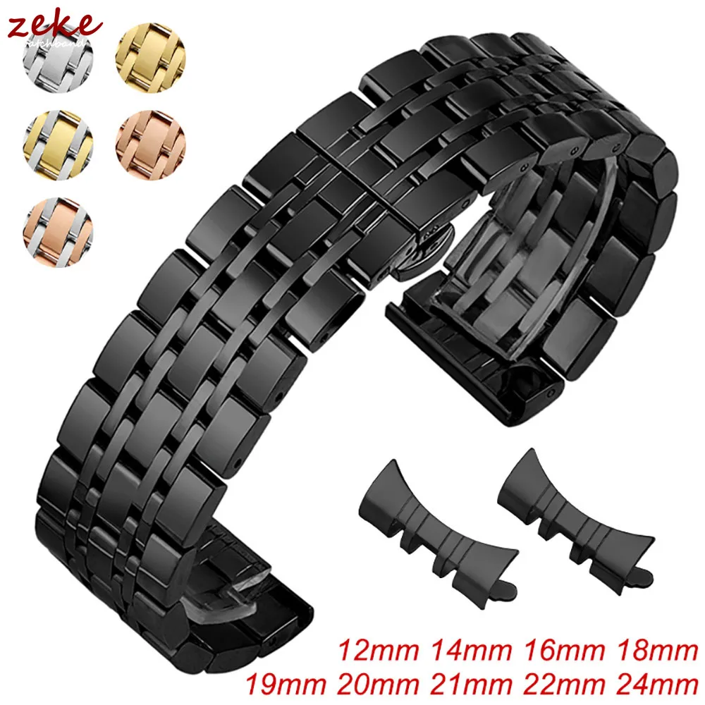 

Curved Flat End Butterfly Buckle Strap 12/14/16/18/19/20/21/22/24mm Solid Stainless Steel Watch Band Universal Watches Bracelet