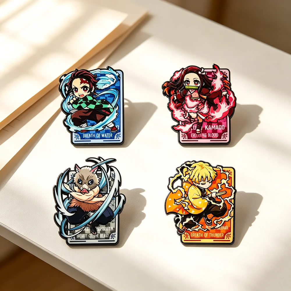 4pcs Demon Slayer Anime Enamel Pins Set, Tanjiro Nezuko Inosuke Zenitsu Cartoon Metal Brooches Cute Anime Character Lapel Pins - view 5