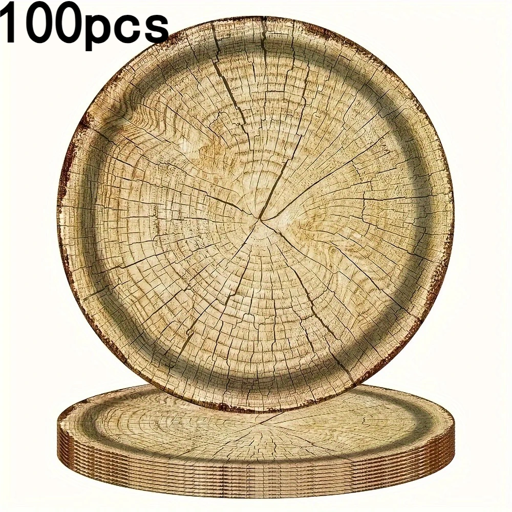 Wood Grain Disposable Dining Plate, Printed Thick Paper Plate, Suitable for Holiday Gatherings and Party Supplies