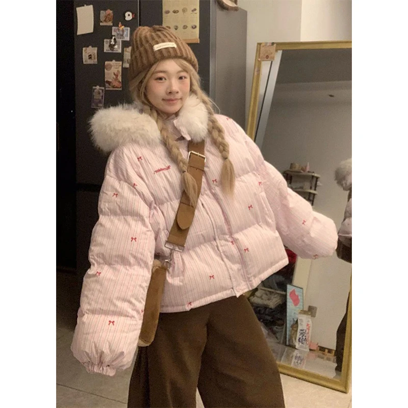 

MEXZT розовые парки с капюшоном, женская полосатая куртка-пуховик с бантом, милые корейские пуховые пальто с воротником из искусственного меха, зимняя верхняя одежда с хлопковой подкладкой