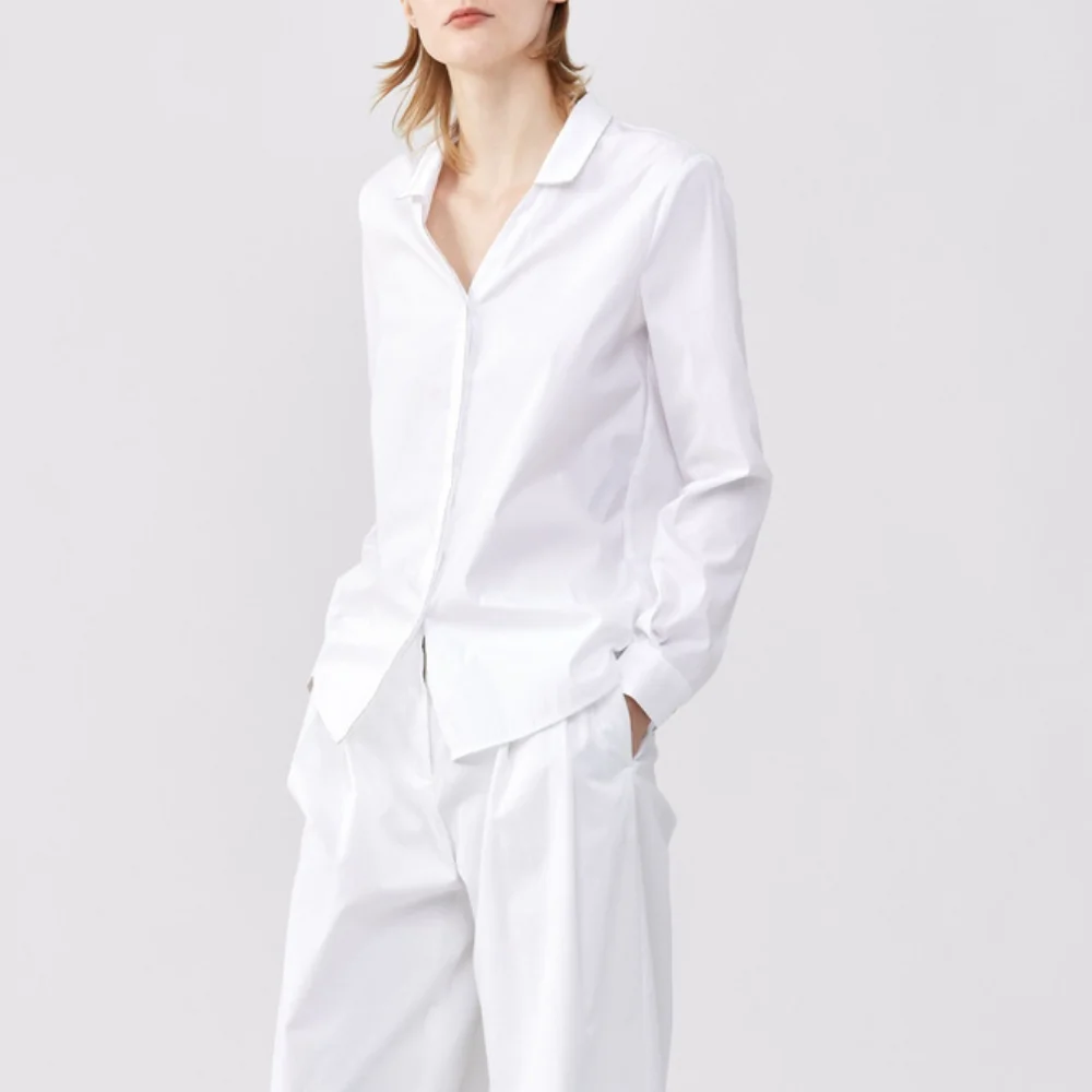 

The New Shiny Collar Metal Concealed Button Placket Long-sleeved White Shirt Cardigan Women