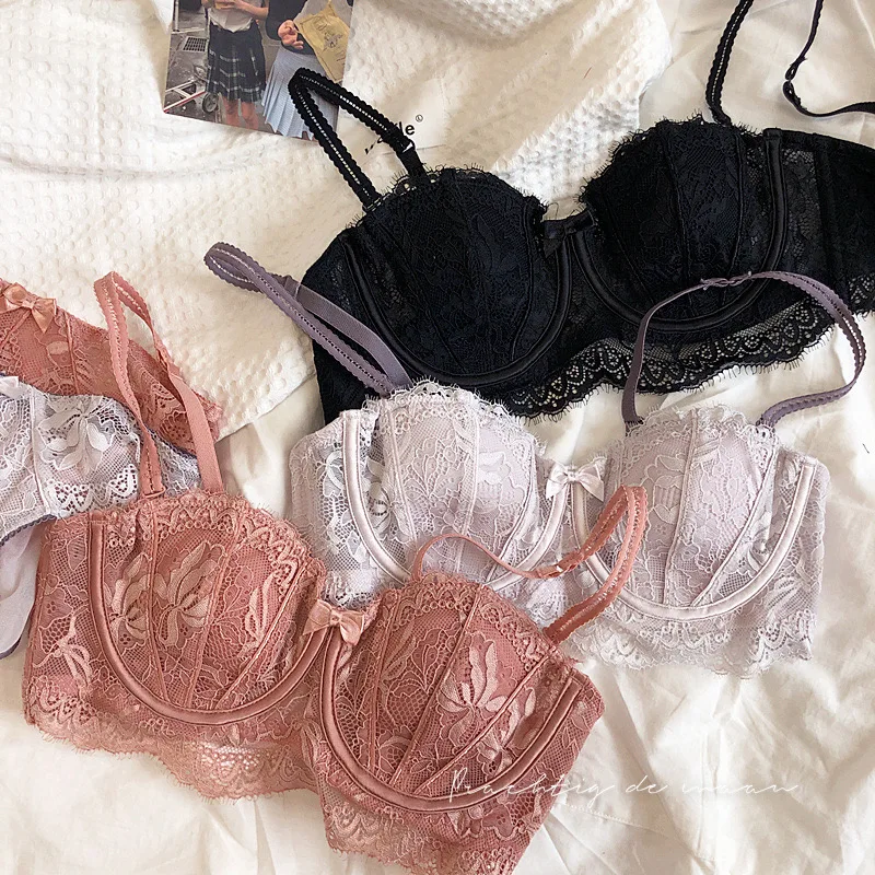 2 Pieces Women Lingerie Set Sexy Lace Embroidery Bra Set Summer Thin Cup Lavender Push Up Brassiere Anti-slip Strap Underwear