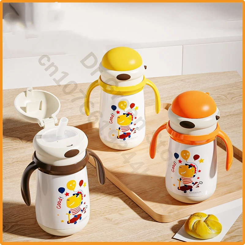 Cartoon Baby Thermal Straw Cup 316 Stainless Steel Toddler Drinking Mug With Double Handles Portable Kids Insulated Water Cup
