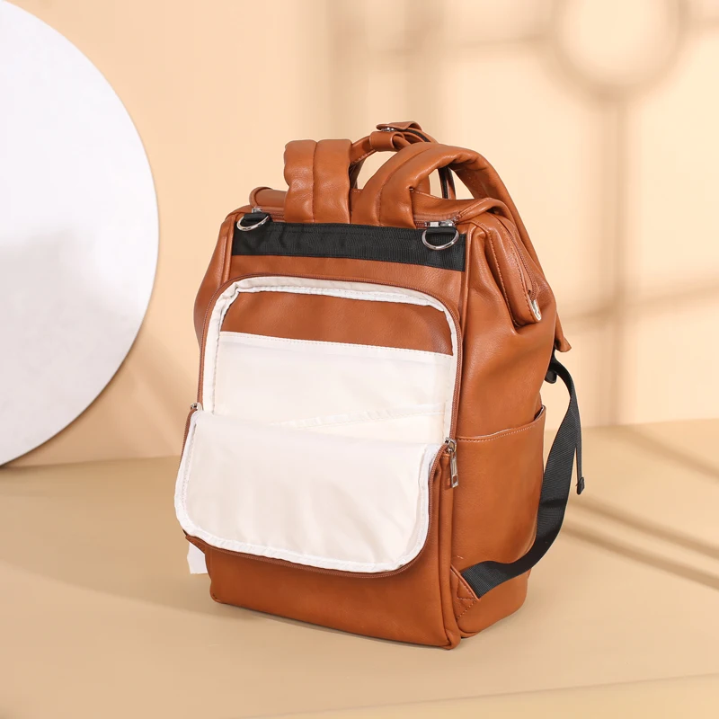 Multifunctional Large Capacity Faux Leather Diaper Bag Shoulder Bag Brown Diaper Bag Fashion Design Vegetarian Leather Baby Bags