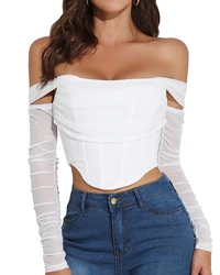 Women Sexy Cute Tube Tops Blouse Mesh Corset Crop Top Long Sleeve Off Shoulder Ruched Bust Boned Bustier