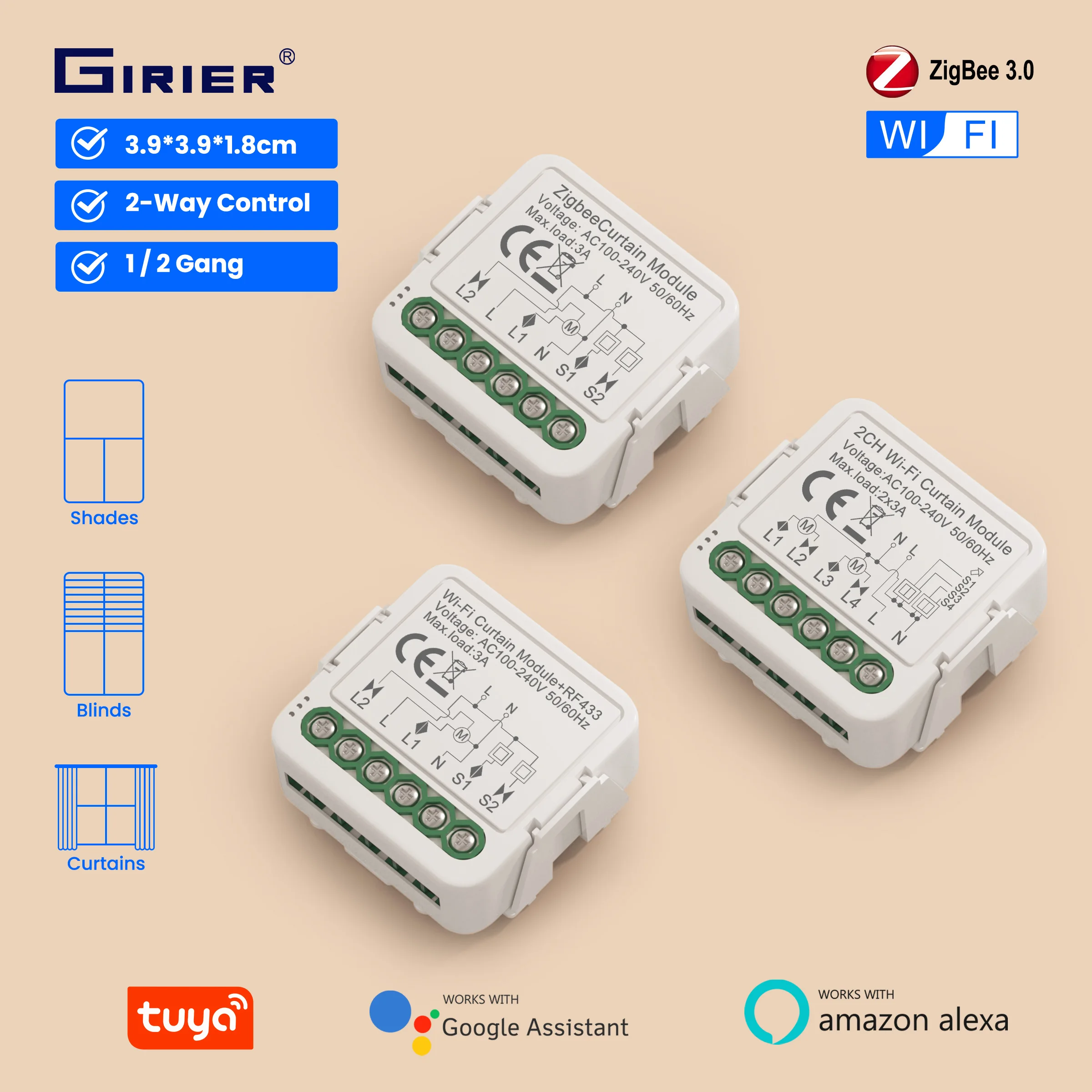 GIRIER Tuya Smart ZigBee/Wi-Fi RF433 Curtain Switch Module for Electric Roller Shutter Blind Motor 1/2CH Works Alexa Hey Google