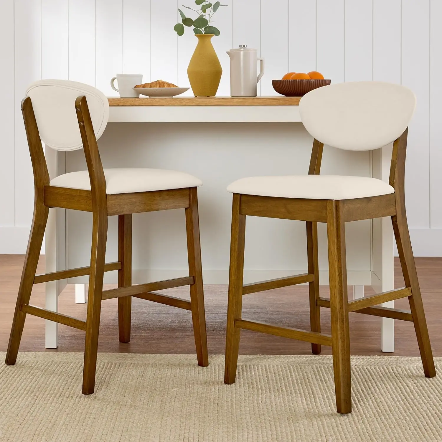 Set of 2 Counter-Height Bar Stools, Mid-Century Modern, Armless Wood Stools W/Upholstered Seat Cushion, Customized