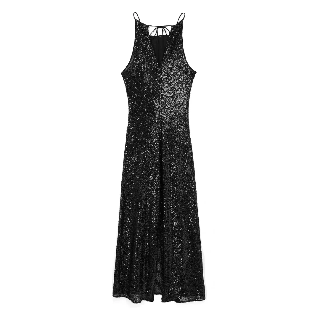 TRAFZA 2024 Summer Women Sexy Sequins Dress Back Strap Sleeveless Dress Vent Long Sheath Garters Dress Women Elegant Dresses