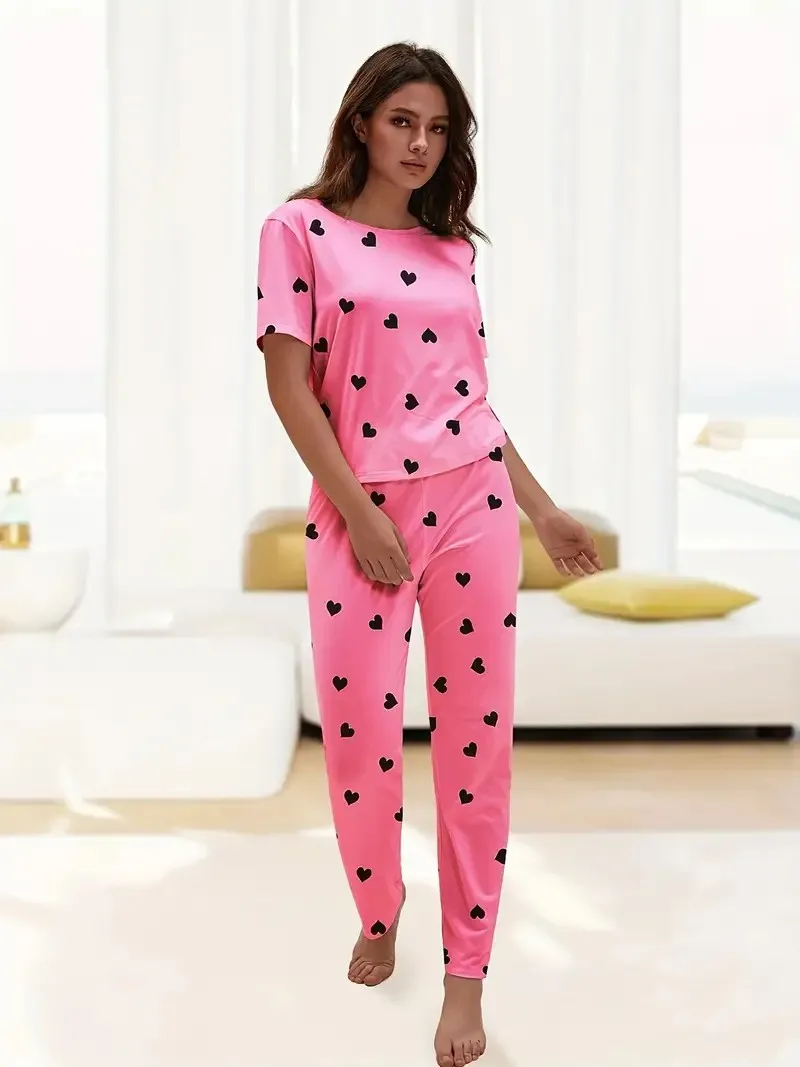 New style women\'s pajamas short sleeve shirt trousers heart pattern casual elegant two-piece home decoration