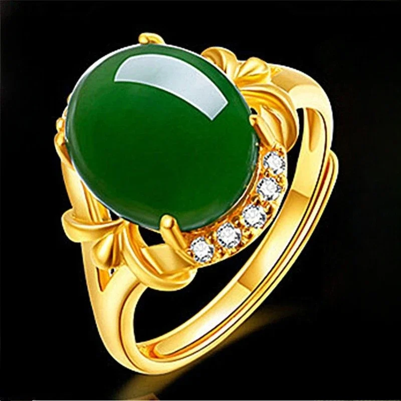 Mencheese-Areia De Ouro Incrustada Hetian Jade Abrir Anel Ajustável, Incrustada De Ouro com Jade Esmeralda, Copiar 100% Vietnam, Colorfast