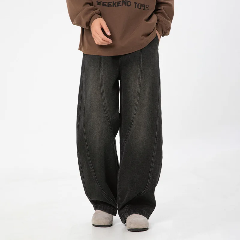 

2025 Spring New Fashion Men's Casual Trendy Washed Vintage Solid Color Loose Wide Leg Denim Trousers Male Jeans Pants Clothes
