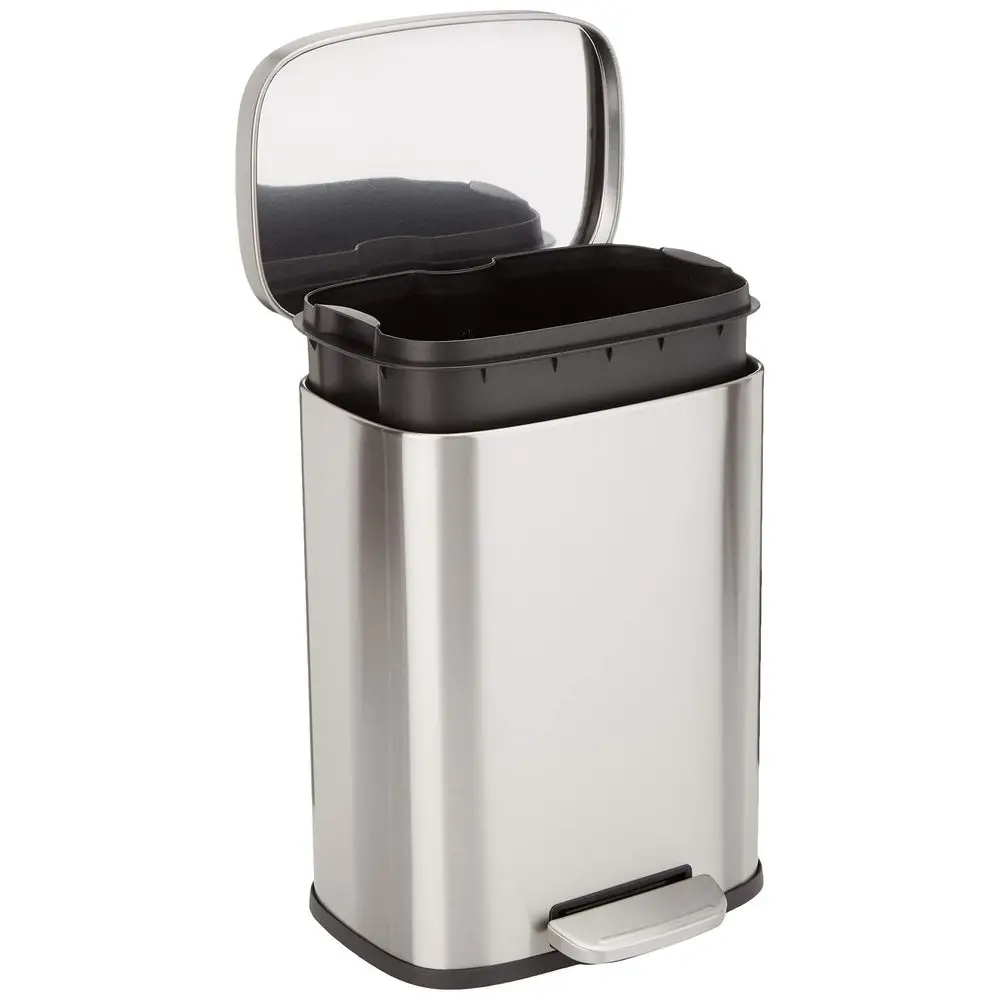 

Smudge Resistant Small Rectangular Step Pedal Trash Can with SoftClose Lid, Removable Inner Bucket, Brushed Stainless Steel, 12