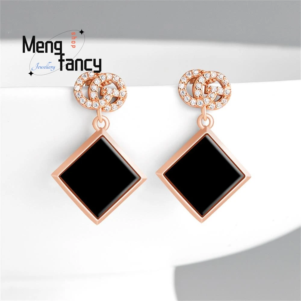 

S925 Silver Inlaid Natural Ink Cui A-goods Jadeite Square Jade Earrings Senior Temperament Female Models Luxury Quality Jewelry