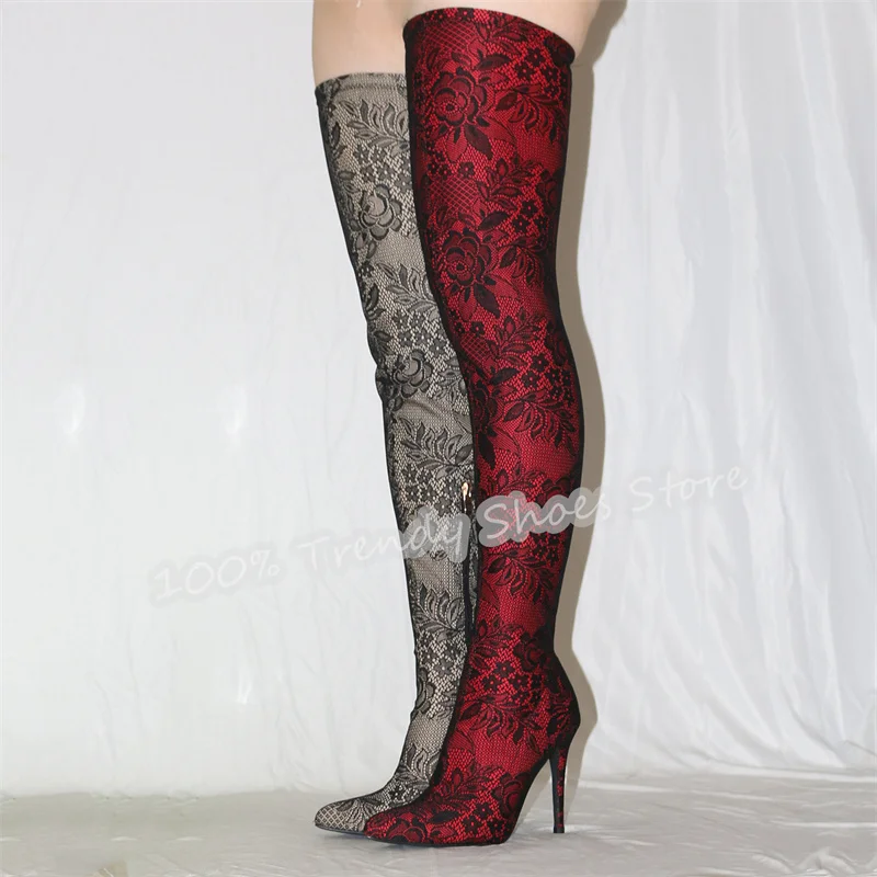 

Sexy Hollow-Out Lace Embroidery Women Strecth Boots Pointed Toe High Heel Over-The-Knee Boots Side Zip Lady Party Dress Shoes
