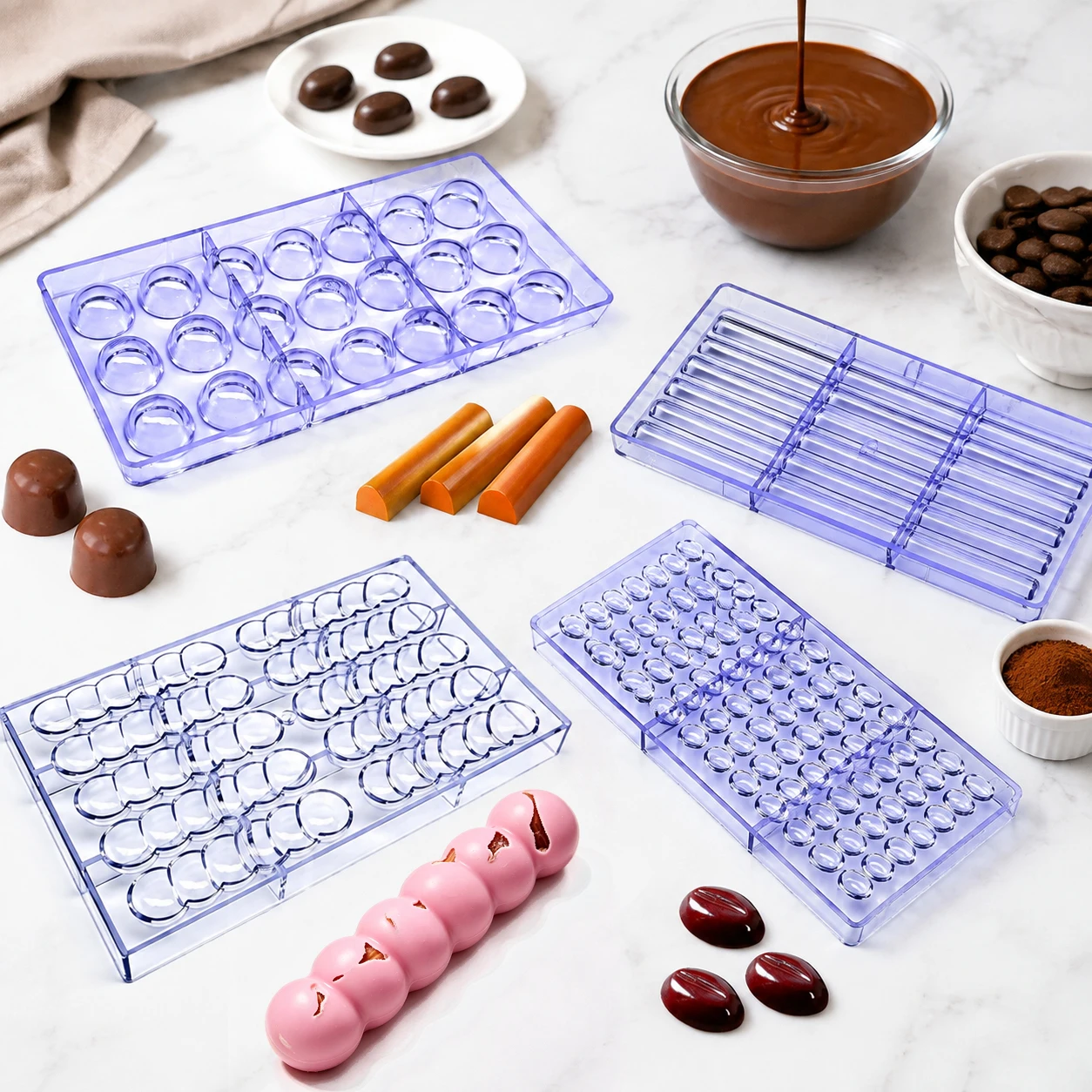 Polycarbonate Chocolate Mold Multi‑Shape, Heart Dome Cube Cylinder Bead‑String Gift Box, Reusable DIY Candy Confectionery Mould