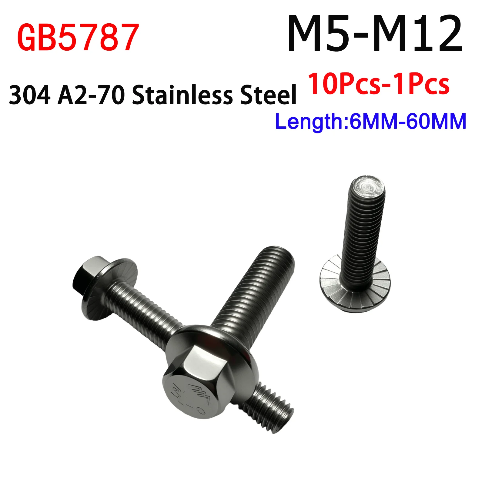 

1/2/5/10pcs M5 M6 M8 M10 M12 A2-70 304 Stainless Steel GB5787 Hexagon Head with Serrated Flange Cap Screw Hex Washer Head Bolt