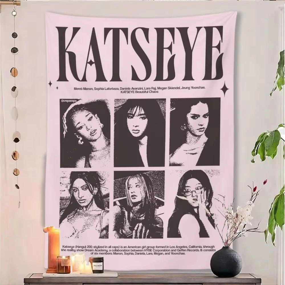 KATSEYE Vintage Retro Tapestry, 6 Members Grid Poster Wall Hanging, Pink Aesthetic Kpop Polyester Wall Cloth for Girls Bedroom