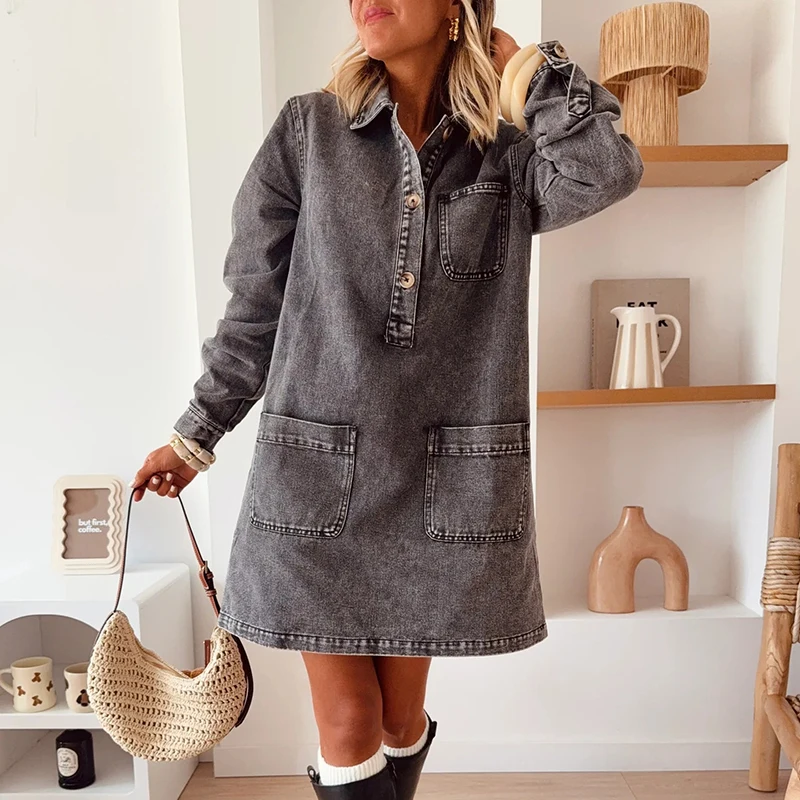 خمر ليوبارد طباعة جيب مكتب اللباس المرأة عارضة عالية الخصر ألف خط فساتين الربيع طويلة الأكمام فضفاضة الدنيم فستان قصير