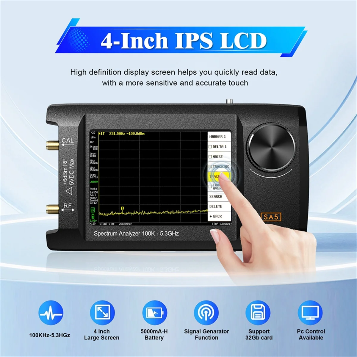 

Newest 4in IPS LCD SA5 Spectrum Analyzer Handheld Spectrum Anslyzer 100k-5.3GHz Signal Generator with 32GB Card Version