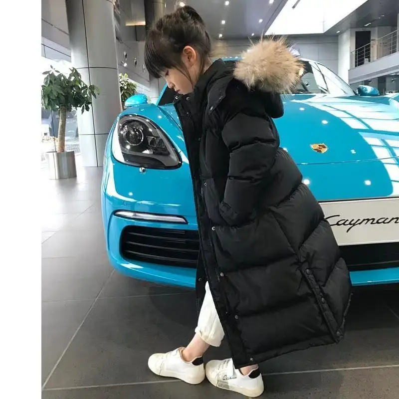 Boys Girls Cotton Padded Fur Collar Jacket Children Long Over-the-knee Korean Thickened Coats Kids Warm Hooded Parkas