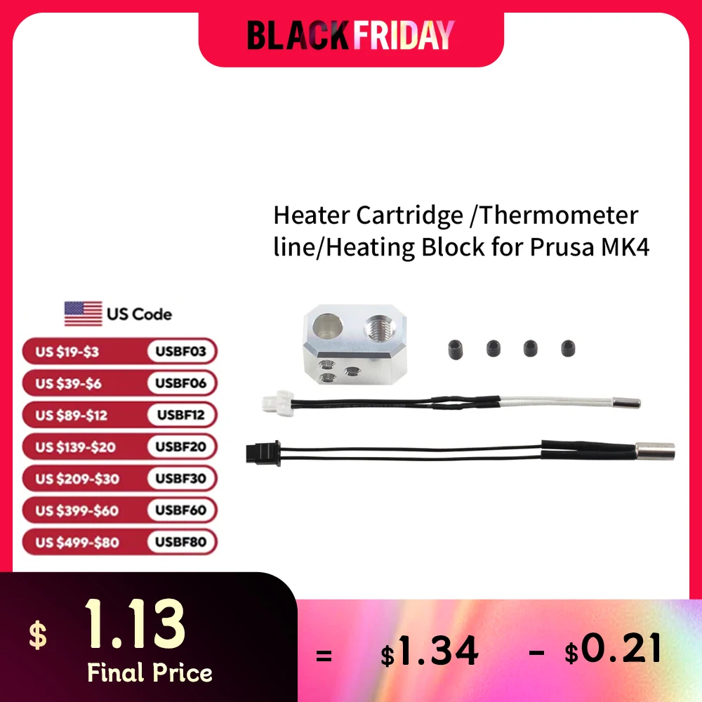 For Prusa MK4 Heating Block Kit Thermometer Line Thermistor 24V 40W Cartridge Heater Nozzle for Prusa MK4 3D Printer Extruder