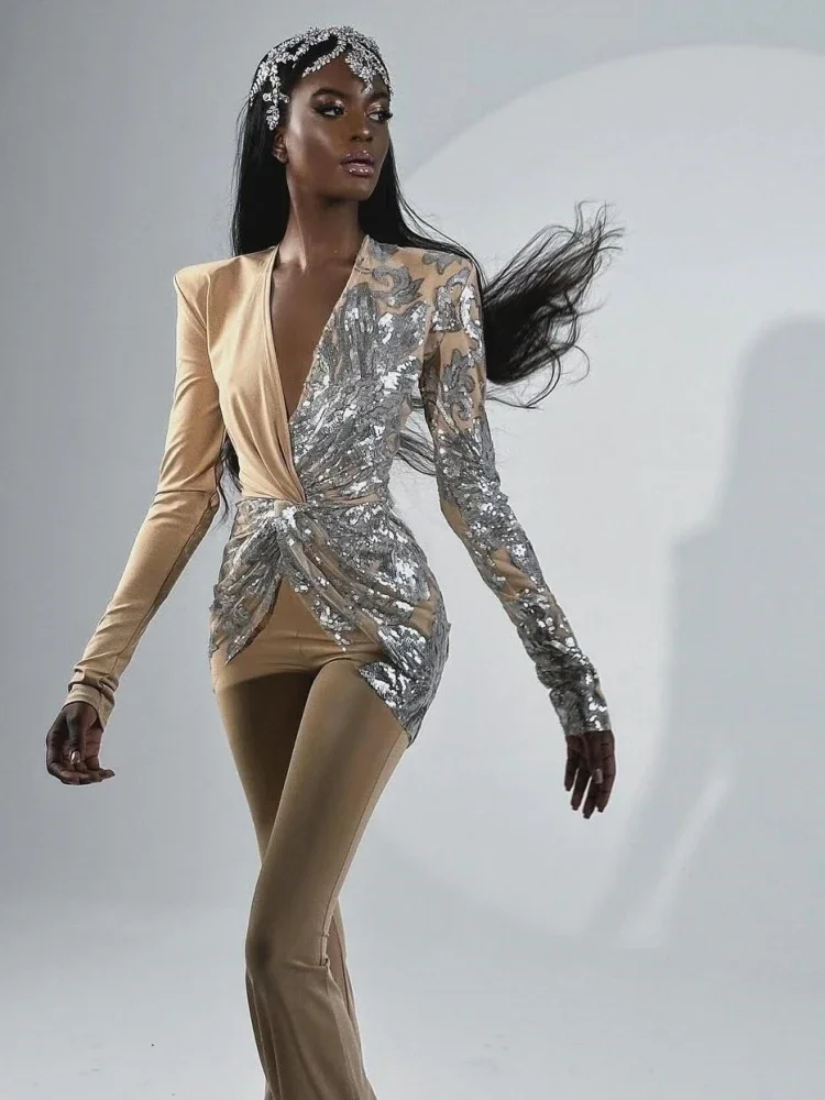 Sexy Women khaki Long Sleeve Deep V Neck Sparkly Sequins Patchwork Jumpsuit  Draped Wide Leg Jumpsuit Party Evening Club Runway