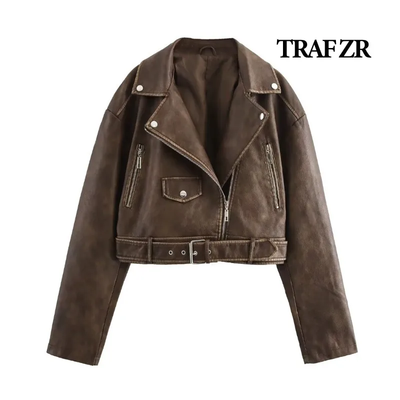 

TRAF ZR Leather Jackets Woman Y2k Vintage Top Moto & Biker Style Short Jacket American Vintage Unisex Jacket New in Coats