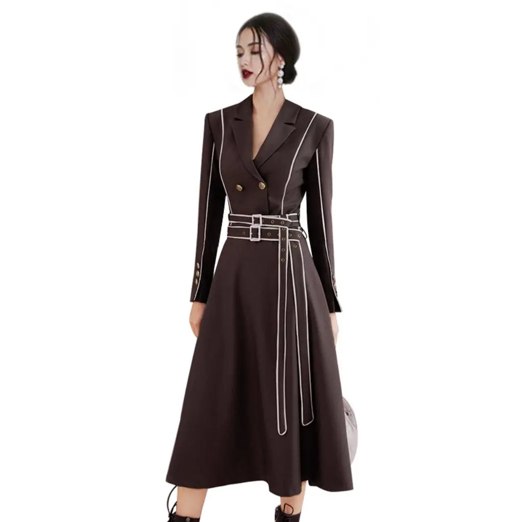 

Elegant Windbreaker Jacket for Women Early Autumn Double-Breasted Color-Block Long Sleeve High-Waisted Slim Commuter Coat