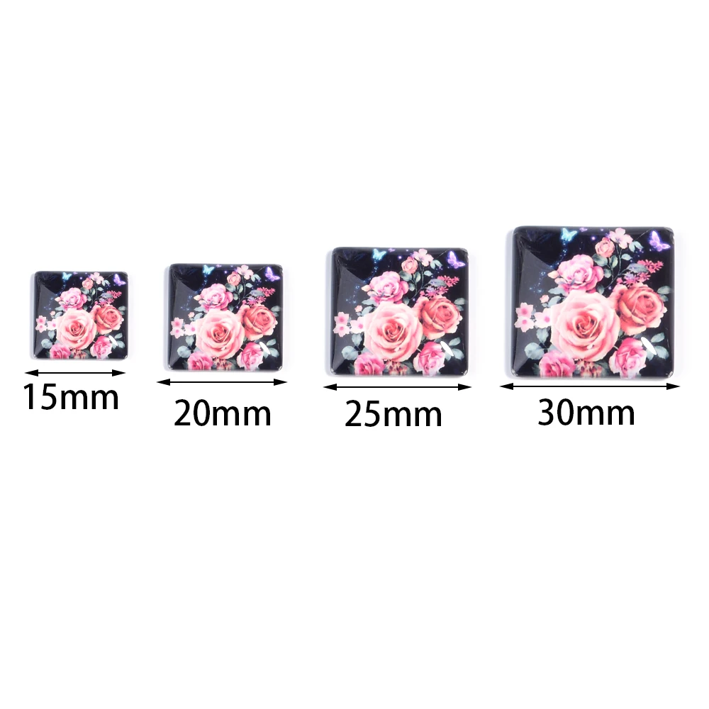 10pcs/lot Butterfly and Flower Pattern Glass Cabochon Beads 15-30mm Square  Cabochon Beads For DIY Jewelry Necklace Accessories